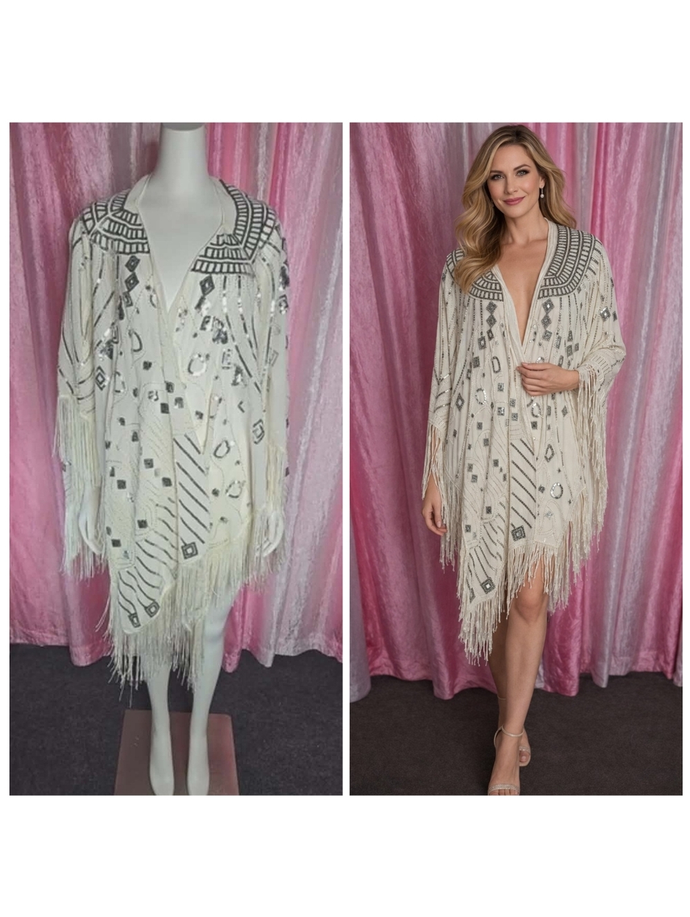 Anna Kaci Exquisite White Sequin Fringe Statement Shawl Wrap One Size
